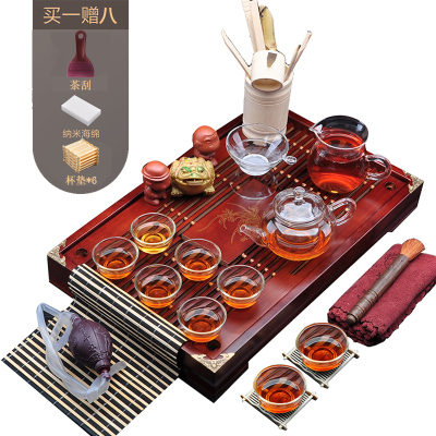 YUNHAN韵涵兰香茶具套装整套茶具实木茶盘茶具套装茶具玻璃整套功夫茶具套装款十八棕红色兰香玻璃茶具套装