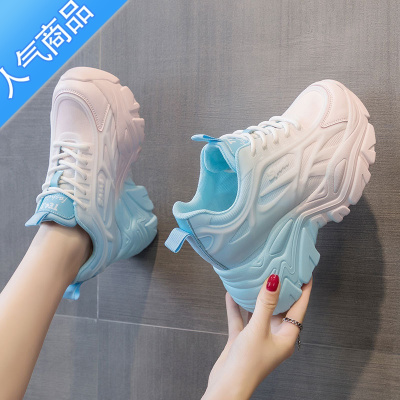 SUNTEK老爹鞋女2023春夏新款松糕单鞋时尚百搭厚底内增高运动休闲小白鞋