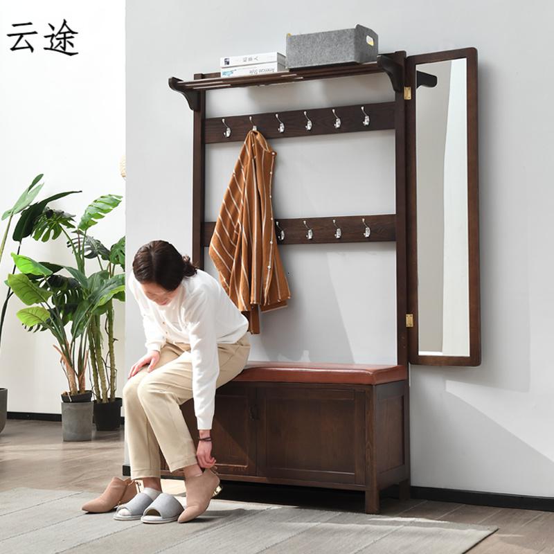 现代简约实木换鞋凳衣帽架带镜子一体组合鞋柜家用多功能挂衣架定制