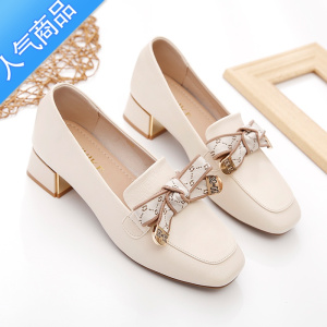 SUNTEK乐福鞋女英伦单鞋2023春秋新款蝴蝶结百搭休闲方头粗跟小皮鞋软底