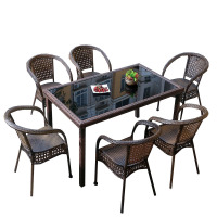 锦北 藤椅阳台桌椅庭院藤编椅子花园茶几藤椅组合 6椅+90*150直角桌