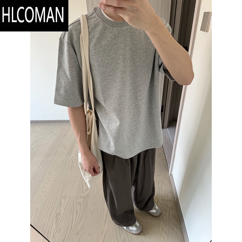 HLCOMAN高克花灰色t恤男款小领口廓形cleanfit短袖美式潮牌半袖