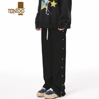 YANXU美式黑色侧排扣长裤子男女宽松直筒休闲裤拖地运动裤高街卫裤