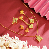 越南沙金四叶花项链耳饰戒指女夏季高级感轻奢镀金首饰品套装组合送女朋友老婆情人节七夕生日礼物