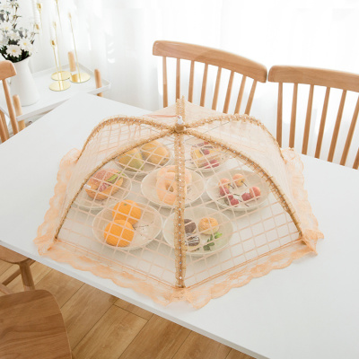 菜罩家用折叠可拆洗防尘苍蝇盖菜罩餐桌罩饭菜罩米魁家用桌盖遮菜罩伞蕾丝格子-圆形18寸