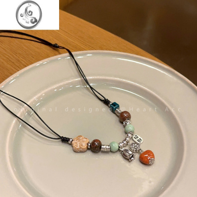 JiMi醉梦爱心陶瓷串珠项链女新中式复古编织绳颈链国风禅意汉服锁骨链