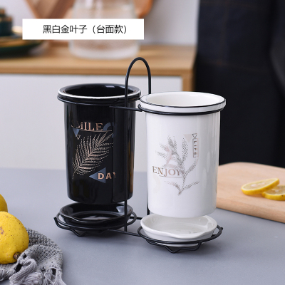 北欧陶瓷筷子筒家用厨房置物架筷子篓平放沥水筷子笼筷勺子收纳盒 敬平 黑白金叶子(台面款)筷笼