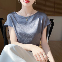 夏新款丝绸缎面肌理感无袖T恤女上衣宽松圆领纯色百搭小衫