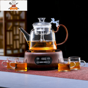 电陶炉煮茶蒸汽煮茶器玻璃蒸茶壶家用啄嘴黑茶蒸煮茶壶两用烧水壶 套餐九:B款(双内胆)+木纹色腰型电陶+4个杯 敬平