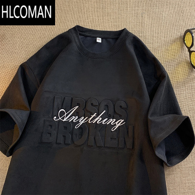 HLCOMAN绒钢印字母印花宽松短袖T恤男夏季美式复古半袖潮流上衣