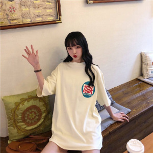 夏季韩版宽松情侣装打底衫女式大码短袖T恤女学院风中长上衣服装