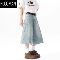 HLCOMAN美式复古水洗毛边牛仔工装短裤男夏季拼接廓形高级感痞帅七分裤子