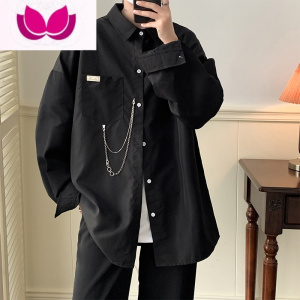 七斓黑色衬衫男长袖日系痞帅大码宽松嘻哈衬衣港风dk男生制服外套