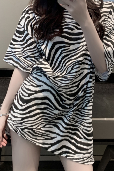 新款韩国女装豹纹短袖T恤女夏中长款女士打底衫上衣