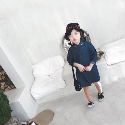 2018春季新款女童全棉长袖刺绣牛仔衬衫裙宝宝长款衬衣