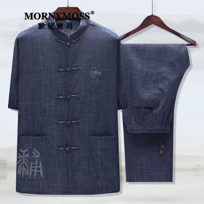 默尼密思品牌男装亚麻唐装男夏装中老年中国风棉麻短袖套装中式汉服爸爸装茶禅服