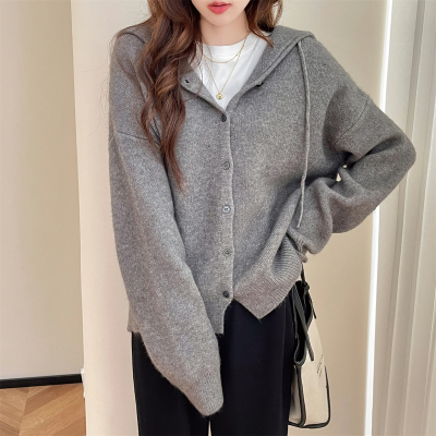 [清仓1折价52.9元,不叠加优惠券]唐狮休闲连帽开衫女新款灰色慵懒风毛衣早秋韩系穿搭上衣qd