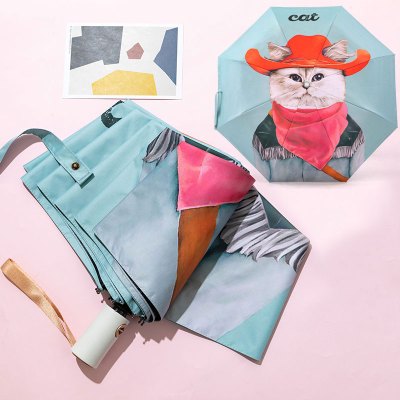 全自动遮阳晴雨伞森系复古简约太阳伞女防晒小巧米魁便携两用自动款数码印-大脸猫