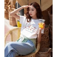 [2.5折价46元]唐狮夏季女圆领前胸彩色字母短袖T恤百搭韩系减龄慵懒风时髦