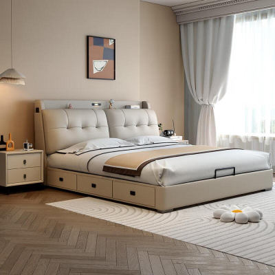 多功能真皮床主卧室现代简约双人床小户型带抽屉储物床软包大婚床