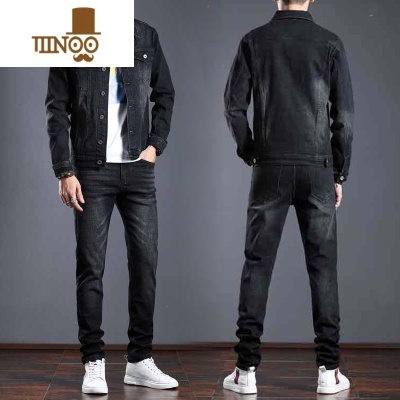 YANXU2022春季新款时尚牛仔套装男潮流韩版百搭套黑色休闲外套