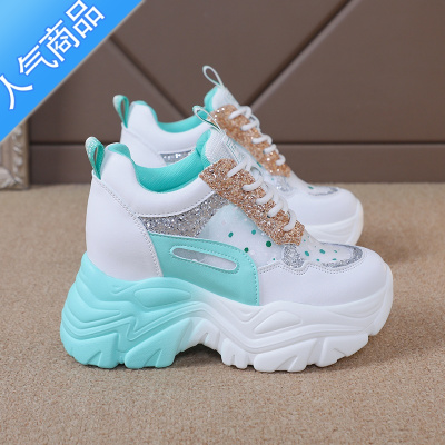 SUNTEK内增高网鞋女透气网面厚底小白鞋2023新款夏季老爹鞋女小个子单鞋