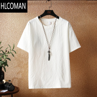 HLCOMAN纯色亚麻短袖t恤男夏季宽松麻料打底半袖潮流透气休闲棉麻上衣服