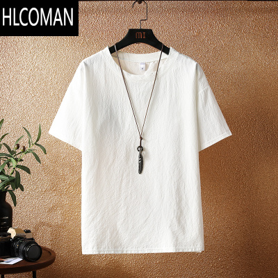HLCOMAN纯色亚麻短袖t恤男夏季宽松麻料打底半袖潮流透气休闲棉麻上衣服