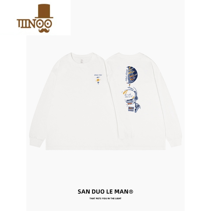 YANXU宇航员印花长袖t恤男夏季白色内搭打底衫宽松大码上衣潮