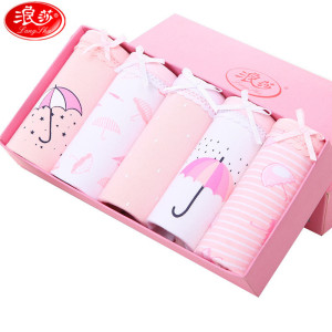 浪莎langsha女士纯棉内裤5条中腰四季印花裤衩可爱少女生卡通三角裤