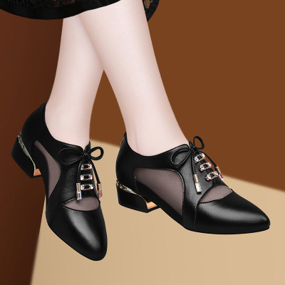 盾狐女鞋新款夏季新款中跟单鞋尖头网纱透气粗跟中跟百搭英伦皮鞋韩版通勤98265利德尚品98266