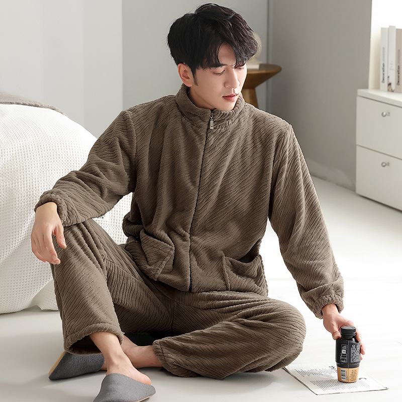 睡衣男士冬季珊瑚绒加厚加绒拉链款法兰绒秋冬保暖大码家居服套装