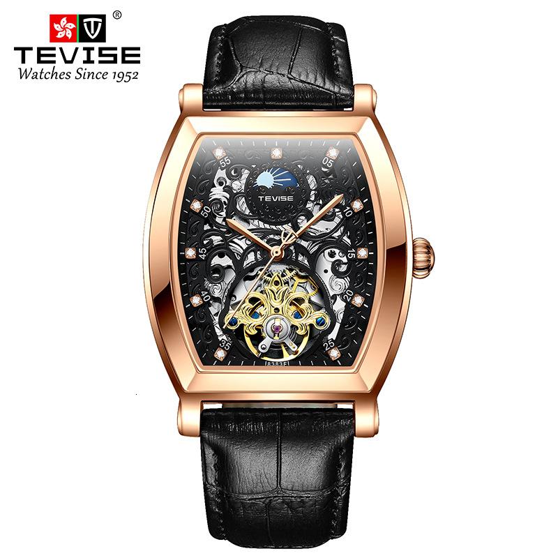 瑞士品牌特威斯(tevise)手表男镂空真皮带全自动机械表男士休闲酒桶型