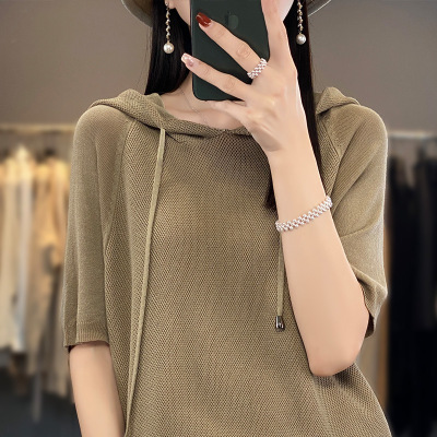 连帽短袖卫衣休闲冰丝针织T恤女宽松显瘦洋气小衫带帽五分袖上衣