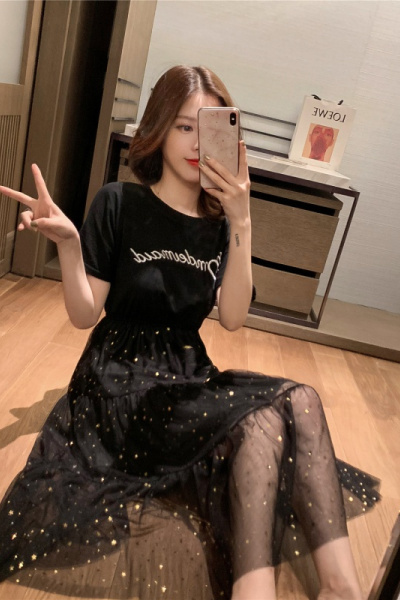 法国小众假两件连衣裙女夏新款气质仙女裙亮片中长款网纱裙子女装