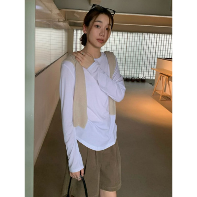 简约风 圆领修身长袖棉T恤25新款女装燕尾丝滑针织衫女早春款上衣