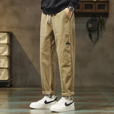 男士宽松锥形工装裤卡其色抽绳设计裤肌理感面料春夏透气长裤