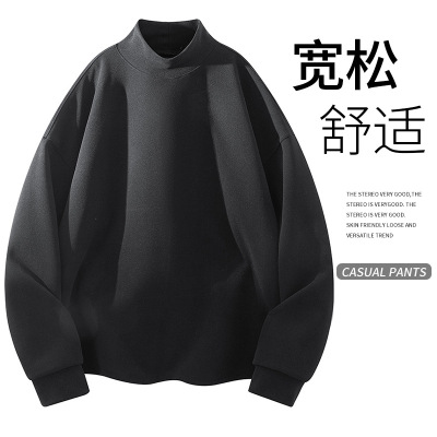 春秋季新款男士保暖针织衫加绒长袖卫衣纯色半高领打底衫T恤上衣