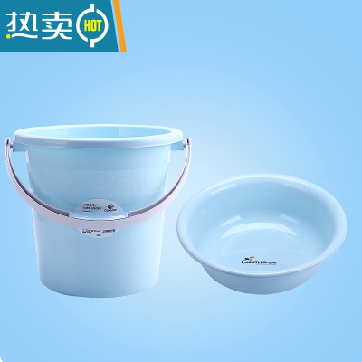 敬平塑料水桶手提加厚洗衣桶家用多功能储水桶圆形桶宿舍洗衣桶装水桶 24L北欧蓝大号盆+桶