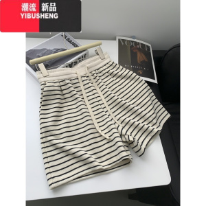 YIBUSHENG撞色条纹短裤女韩版宽松休闲裤季运动百搭高腰阔腿显瘦居家裤潮