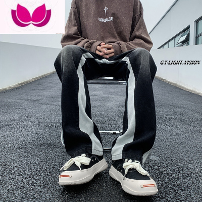 七斓黄泥染牛仔裤男春季潮牌美式高街直筒裤子潮流ins宽松字母阔腿裤