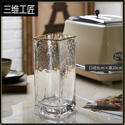 描金轻奢玻璃花瓶日式锤目纹简约花器客厅水养插花花瓶装饰摆件三维工匠8*20CM方口(透明）