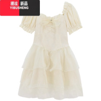 YIBUSHENG设计感仙女木耳边方领连衣裙女2024季公主风收腰蓬蓬蛋糕裙子潮