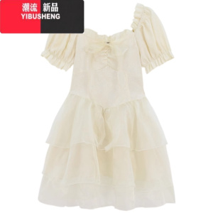 YIBUSHENG设计感仙女木耳边方领连衣裙女2024季公主风收腰蓬蓬蛋糕裙子潮 图片色 均码