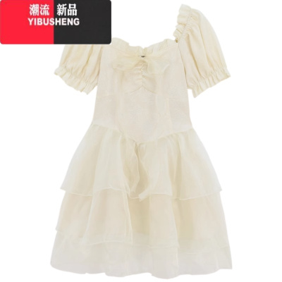 YIBUSHENG设计感仙女木耳边方领连衣裙女2024季公主风收腰蓬蓬蛋糕裙子潮