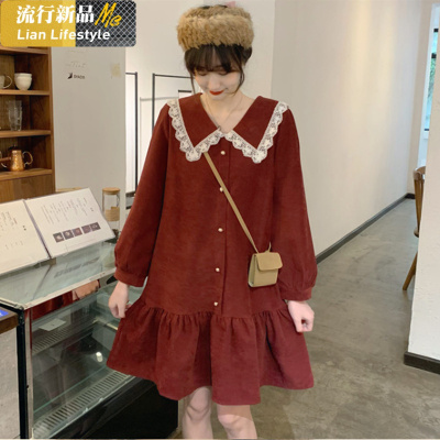 恋名媛大码女装春秋季娃娃领复古百褶遮胯裙子女法式红色显瘦连衣裙短裙大码女装