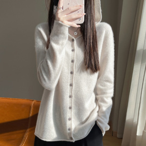 25春季新款一线成衣连帽开衫女纯色亲肤软糯毛衣复古慵懒外套上衣