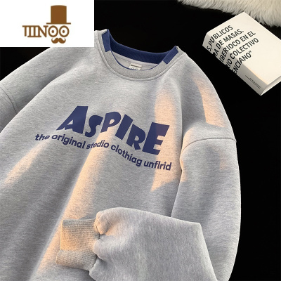 YANXU美式复古假卫衣男生上衣服青少年圆领长袖外套潮牌