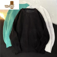 YANXU慵懒风设计感镂空长袖针织衫男上衣早宽松外搭纯色简约男毛衣