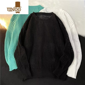 YANXU慵懒风设计感镂空长袖针织衫男上衣早宽松外搭纯色简约男毛衣